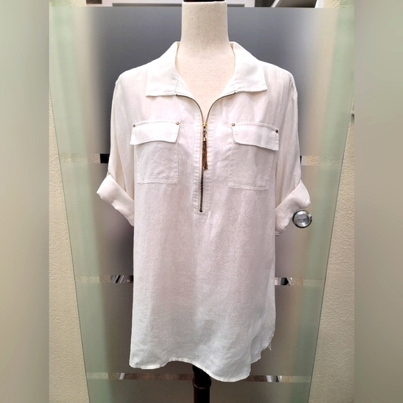 Ellen Tracy Tops - Ellen Tracy 100% White Linen Zip-Front Rolled-Sleeve Tunic Blouse size L
